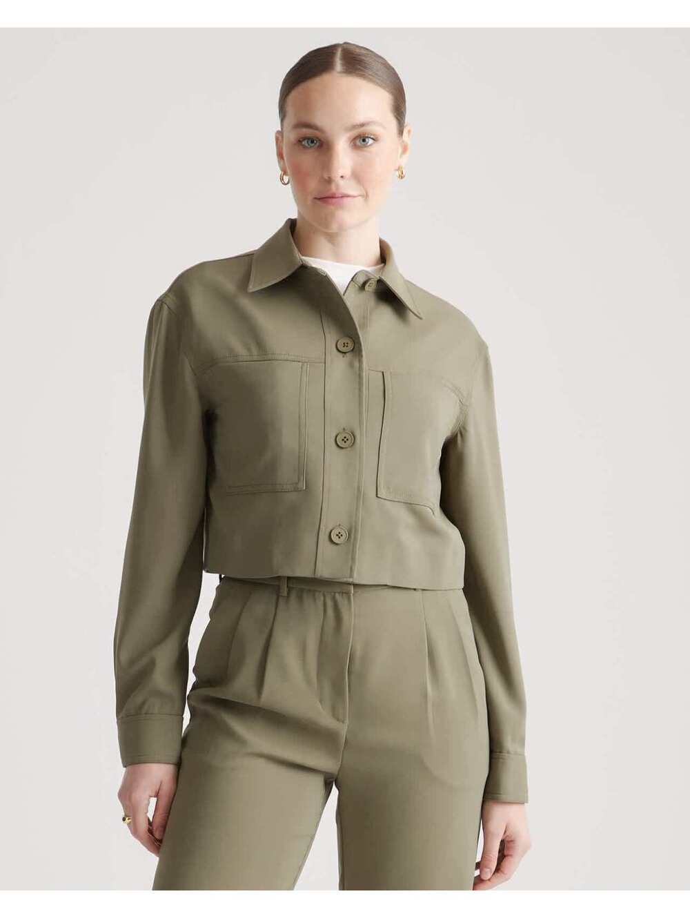 Quince Stretch Crepe Cropped Jacket Olive Green XL Earth Tone Utility Shacket
